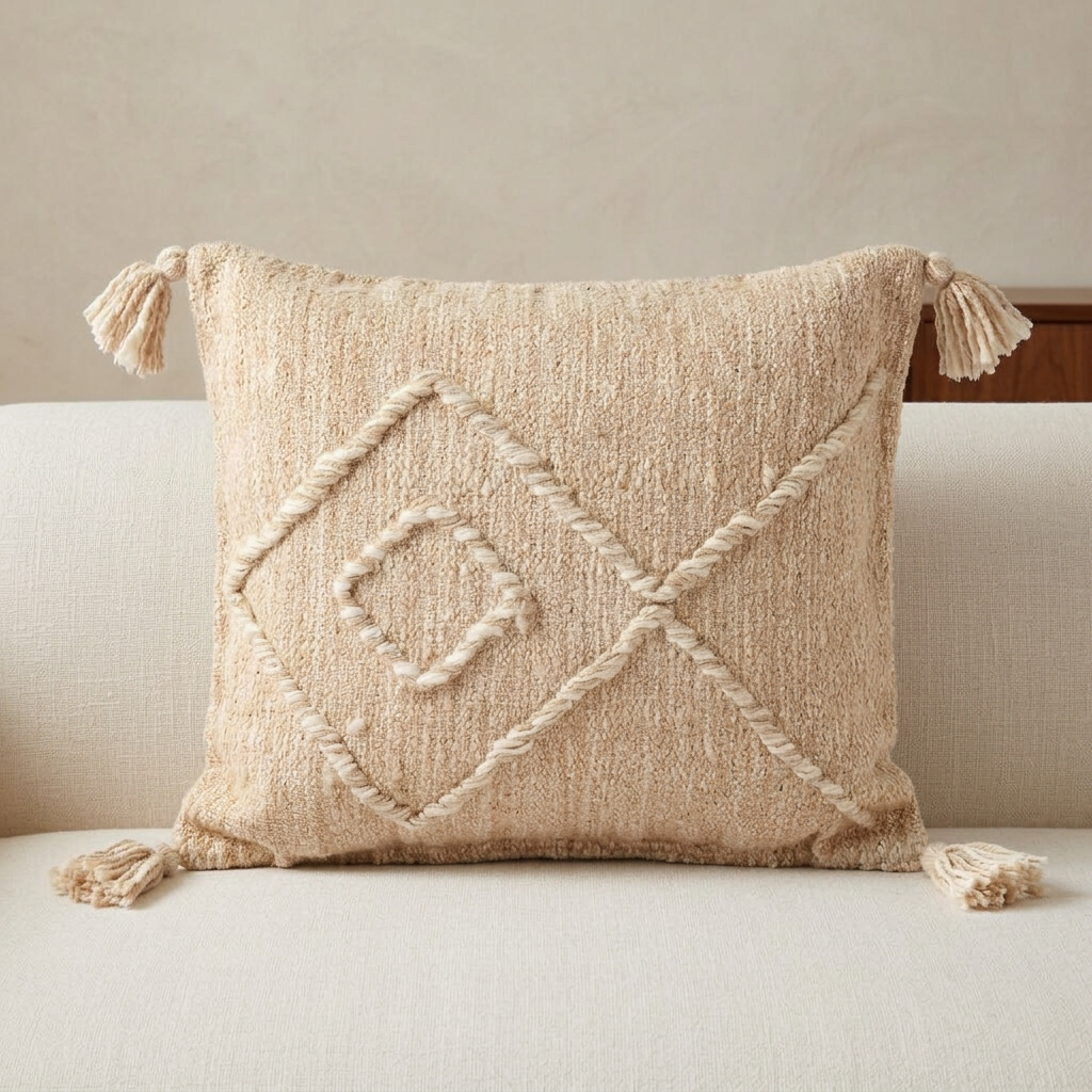 Slightly rectangular beige Zanafi 003 cushion with raised ivory geometry and corner tassels on an ivory linen sofa.