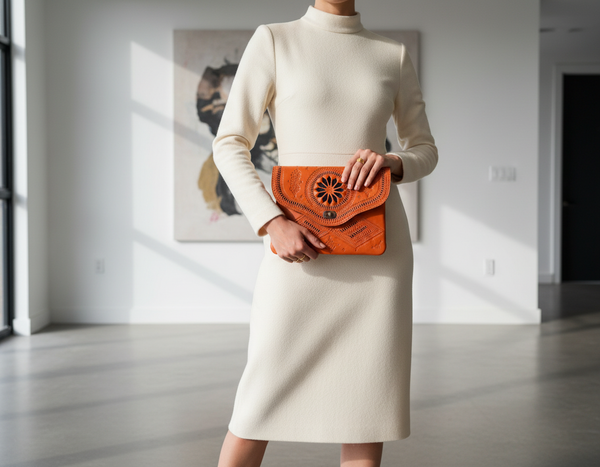 Jeblia Orange Leather Clutch with Model