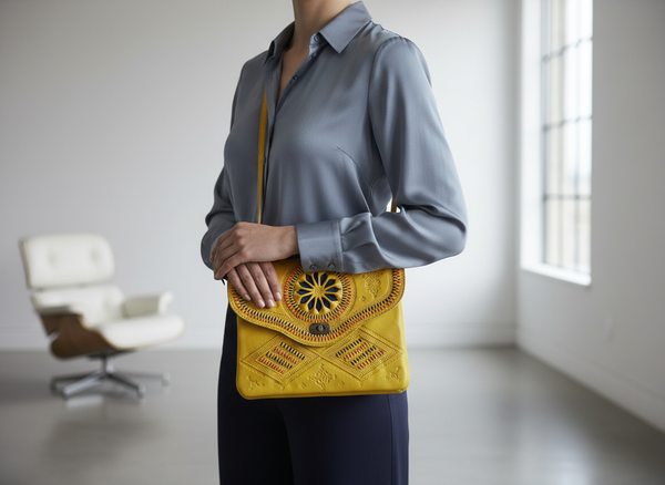 Jeblia Yellow Leather Clutch with Model