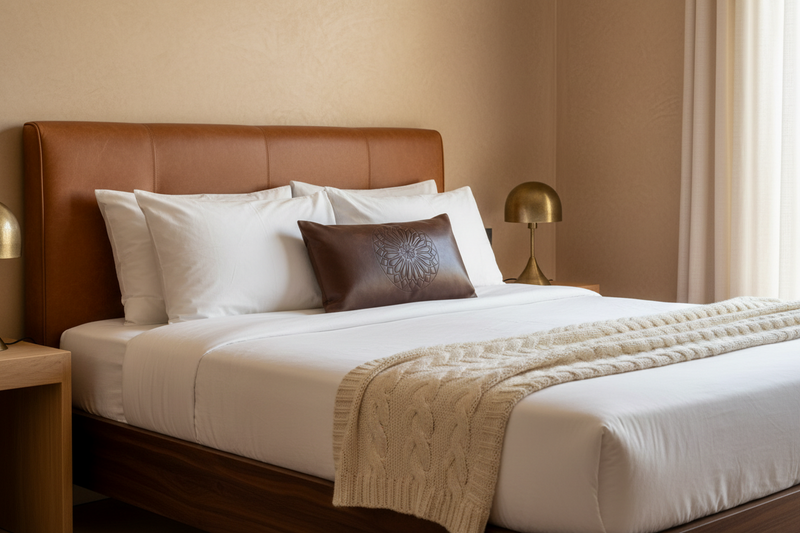 Embossed Leather Pillow Cover - Lumbar - Brown - Nejma