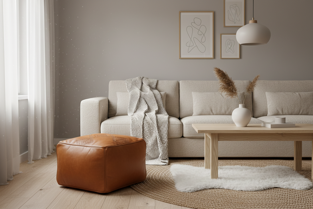 Moroccan Leather Pouf / Ottoman - Square - Lila