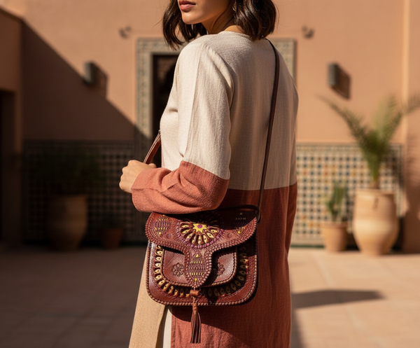 LSSAN Brown Embroidered Handbag on model
