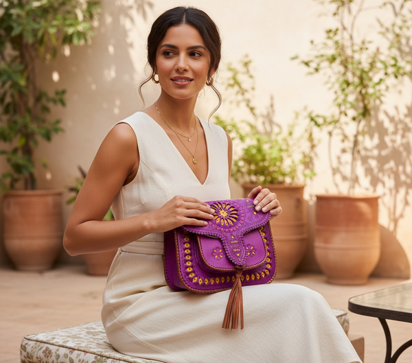 LSSAN Handbag Fuchsia Embroidered balanced size on model