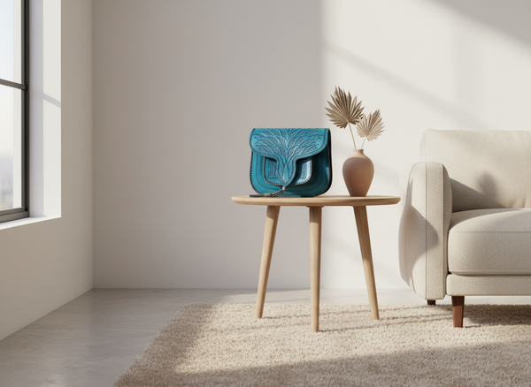 LSSAN Handbag - Turquoise - Palm in Minimalist Setting
