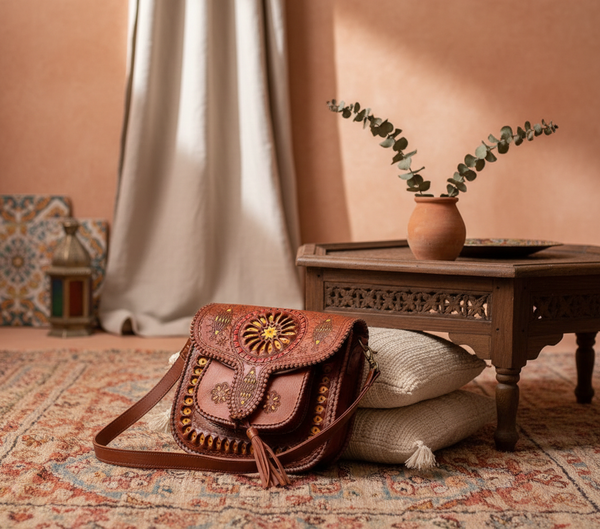 LSSAN Orange Embroidered bag in warm Moroccan-inspired setting