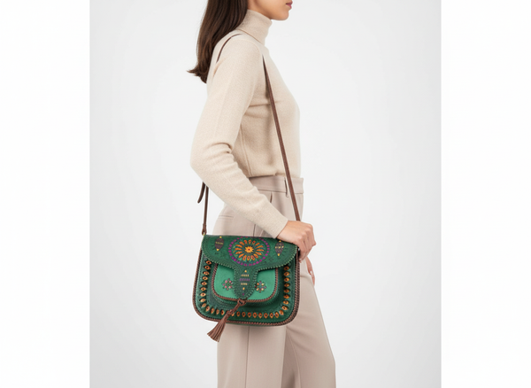 LSSAN Handbag - Green - Embroidered | Leather Shoulder Bag By