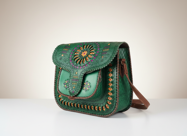 LSSAN Handbag - Green - Embroidered | Leather Shoulder Bag By