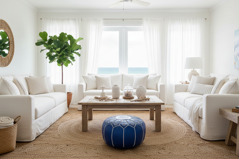 Majorelle Blue Ottoman in Coastal Living