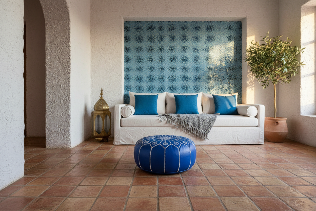 Moroccan Leather Ottoman - Majorelle Blue - Flowers