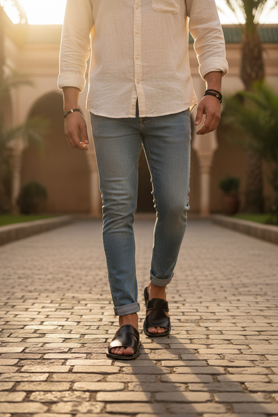 Male model wearing brown leather sandals