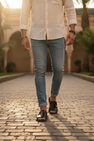 Male model wearing brown leather sandals
