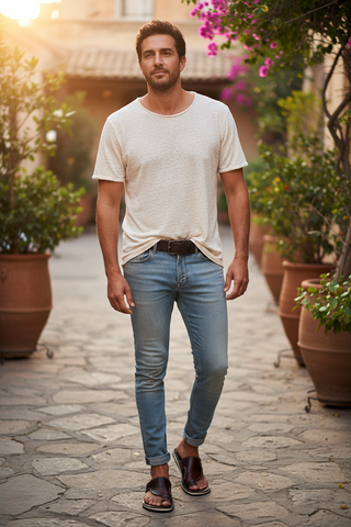 Male model wearing brown leather sandals