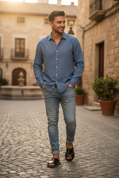Male model wearing brown leather sandals