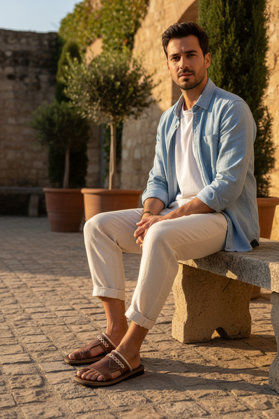 Male model wearing light brown leather sandals