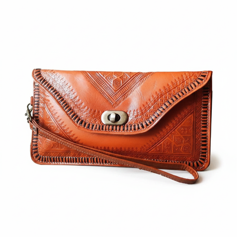 M'dina Tan Cognac Wristlet Clutch — Clean White