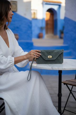 M'dina Wristlet Clutch Grey — Chefchaouen Scene