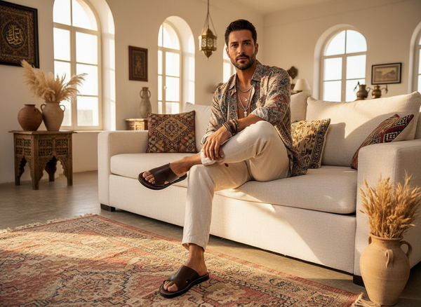 Mens Leather Sandal - Brown - Safar with Model