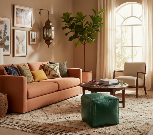 Moroccan Green Leather Pouf in Living Room
