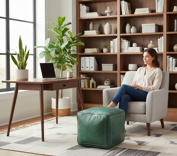 Moroccan Green Leather Pouf in Office