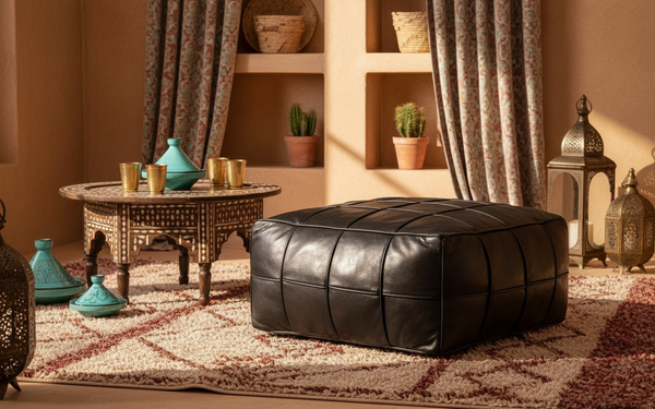 Moroccan Leather Floor Cushion - Mosaic Design Black