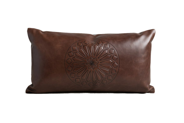 Embossed Leather Pillow Cover - Lumbar - Brown - Nejma