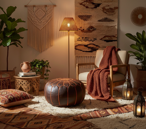 Moroccan Leather Ottoman Banner - Dark Brown with Orange Embroideries Bohemian