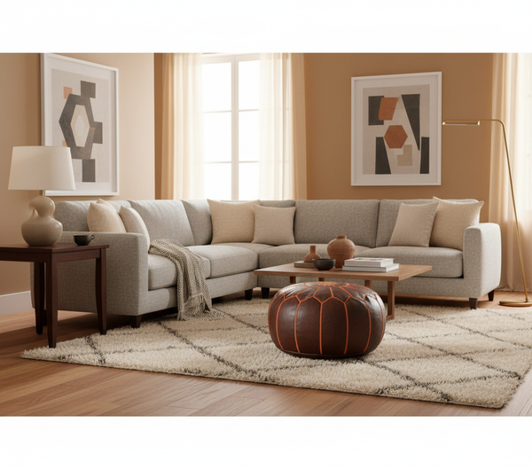 Moroccan Leather Ottoman Banner - Dark Brown with Orange Embroideries Transitional