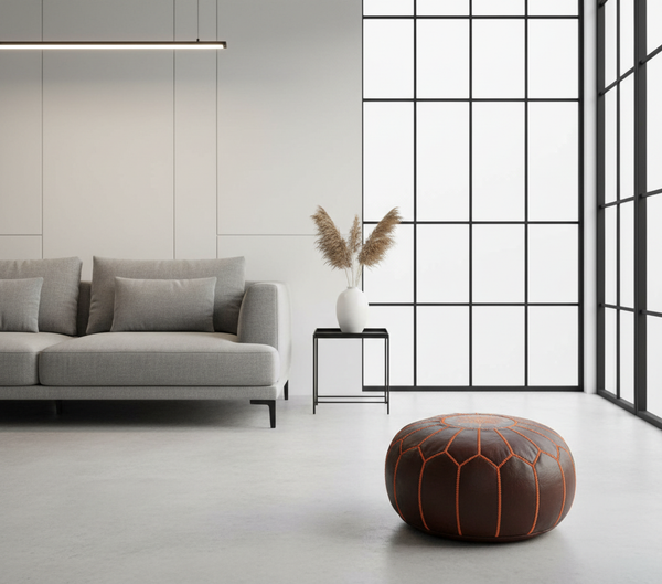 Moroccan Leather Ottoman Banner - Dark Brown with Orange Embroideries