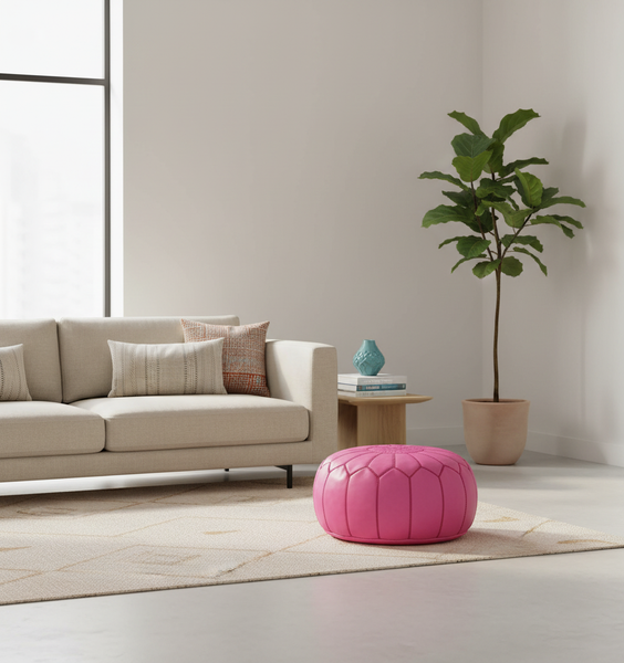 Moroccan Leather Ottoman Banner - Fuchsia