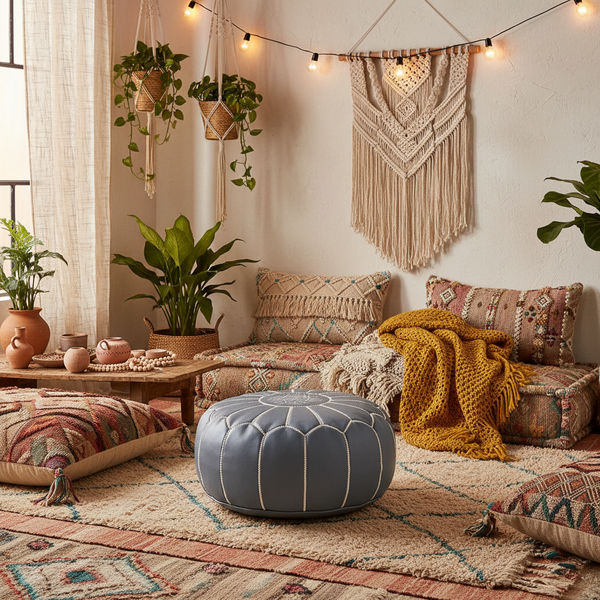 Moroccan Leather Ottoman Banner - Grey with White Embroideries Bohemian