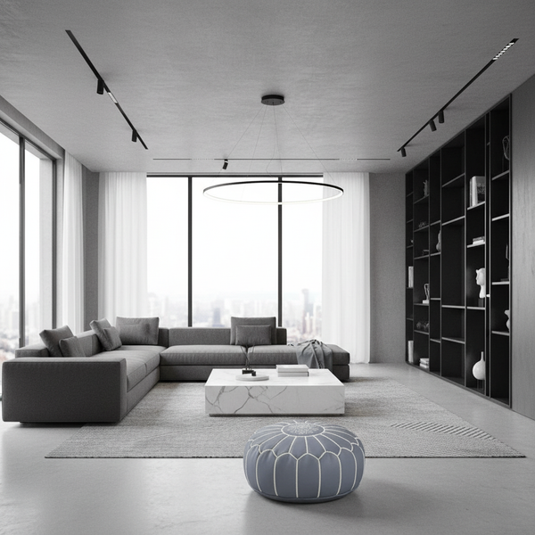 Moroccan Leather Ottoman Banner - Grey with White Embroideries