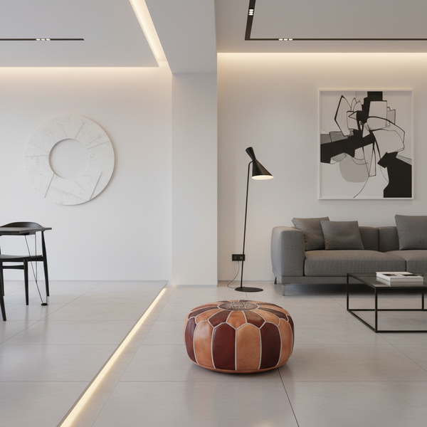 Moroccan Leather Ottoman Banner - Half Oil Tanned Modern