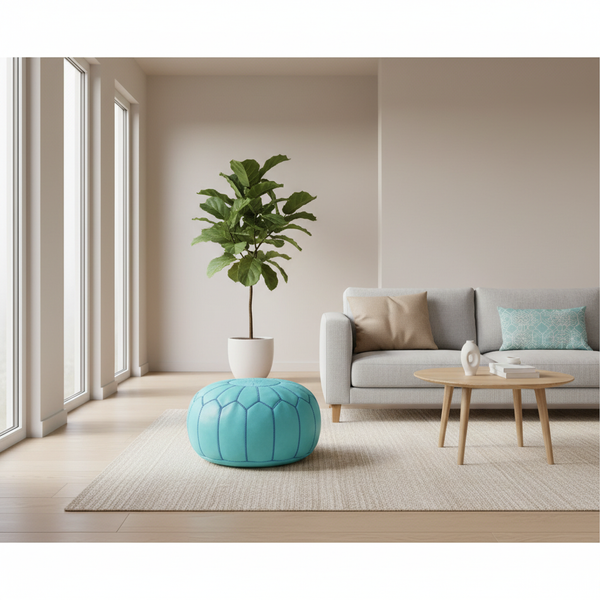 Moroccan Leather Ottoman Banner - Turquoise