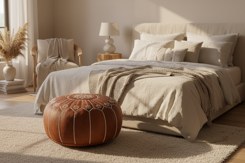 Moroccan Leather Ottoman in Bedroom - Realistic Leather