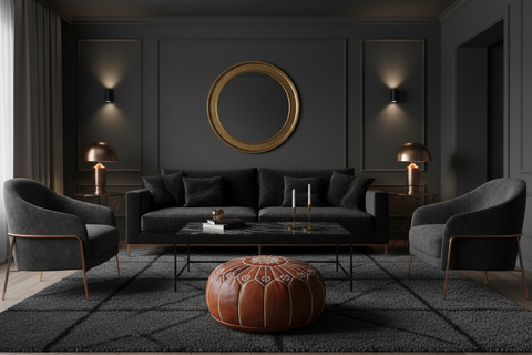 Moroccan Leather Ottoman in Dark Modern Living Room