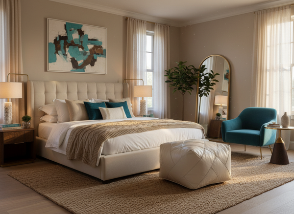 Moroccan Leather Ottoman in Luxurious Bedroom