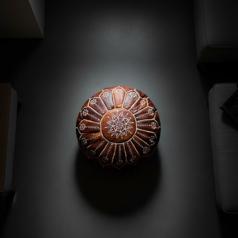 Moroccan Leather Ottoman Top View in Dark Modern Living Room