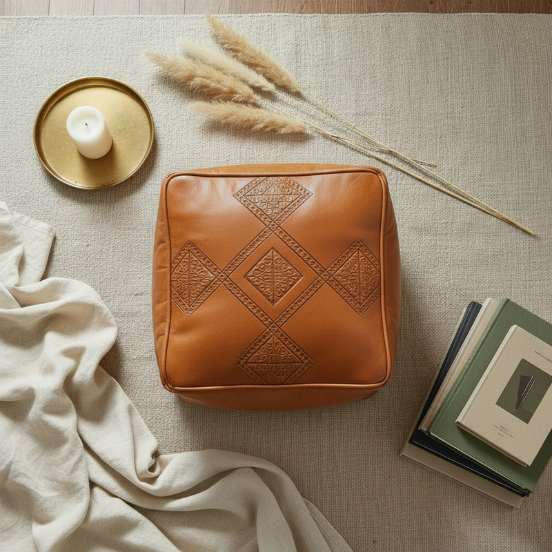 Moroccan Leather Pouf — 22x22 Top View