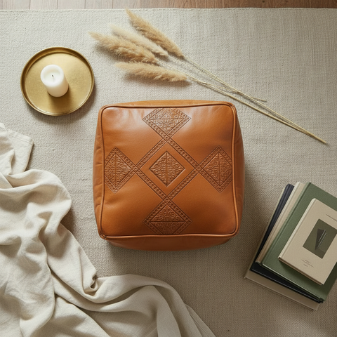 Moroccan Leather Pouf — 22x22 Top View