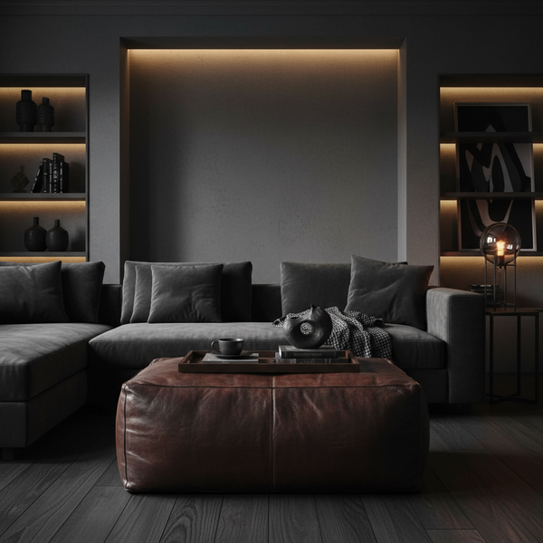 Moroccan Leather Pouf Coffee Table - Dark Aesthetic