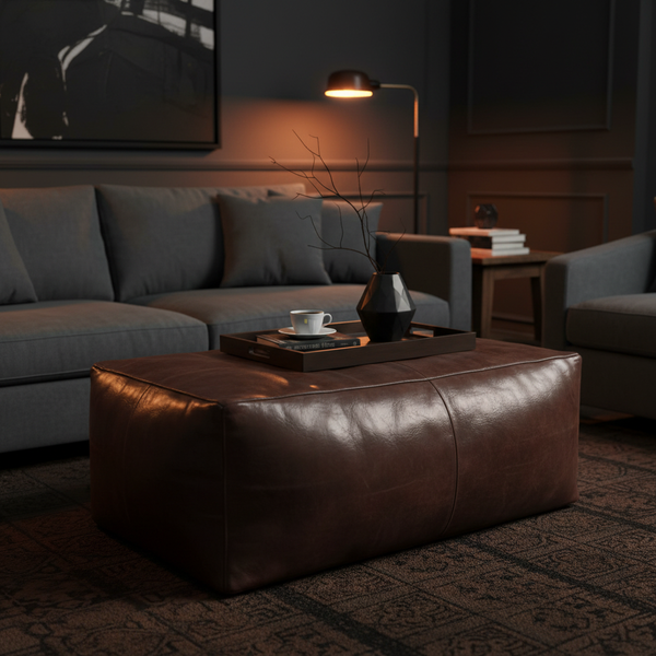 Moroccan Leather Pouf Coffee Table - New Angle