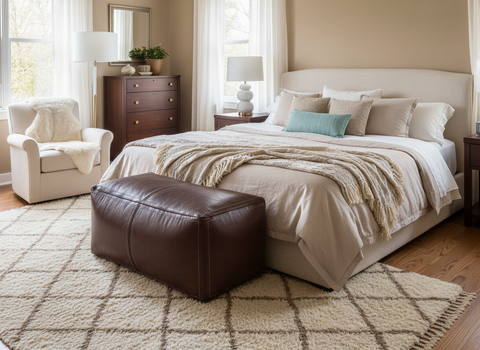Moroccan Leather Pouf in Bedroom