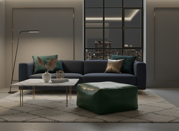 Moroccan Leather Pouf - Nelya Green Luxury Modern Setting