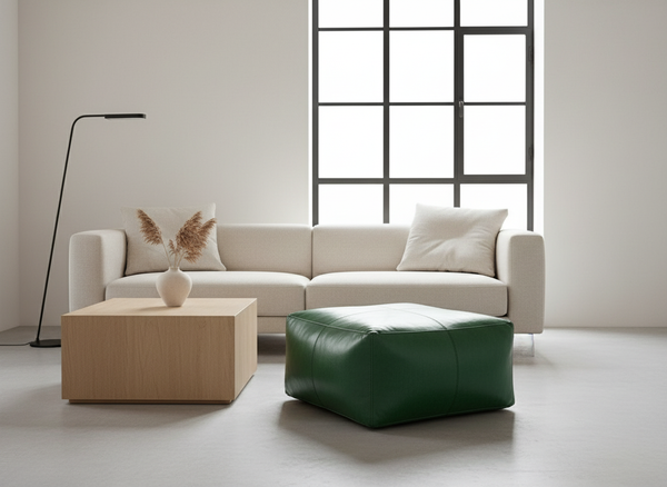 Moroccan Leather Pouf - Nelya Green Modern Setting