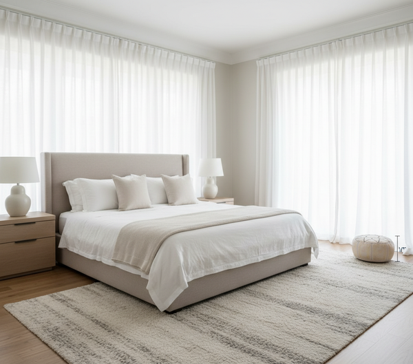 Moroccan Leather Pouf - Smaller Scale in Bedroom