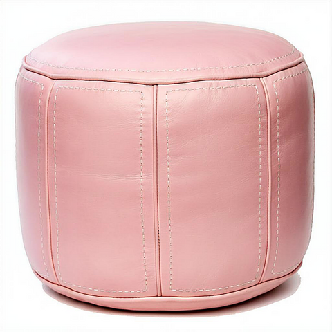 Moroccan Leather Pouf / Ottoman - Round - Soft Pink - Aya