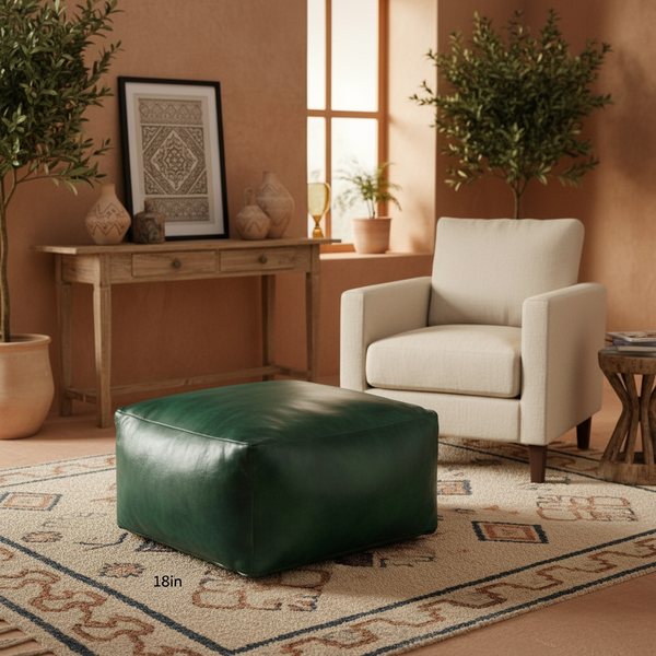 Moroccan Leather Pouf - Sylia Green Square