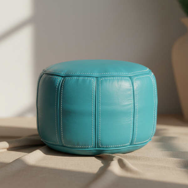 Moroccan Leather Pouf - Turquoise - Aya