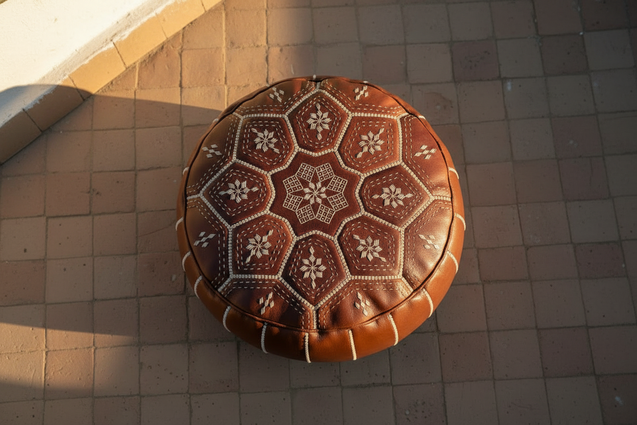 Moroccan Leather Tile Large Ottoman - Tan