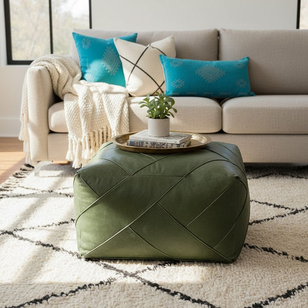 Moroccan Leather Ottoman - ZIGZAG Design - Green